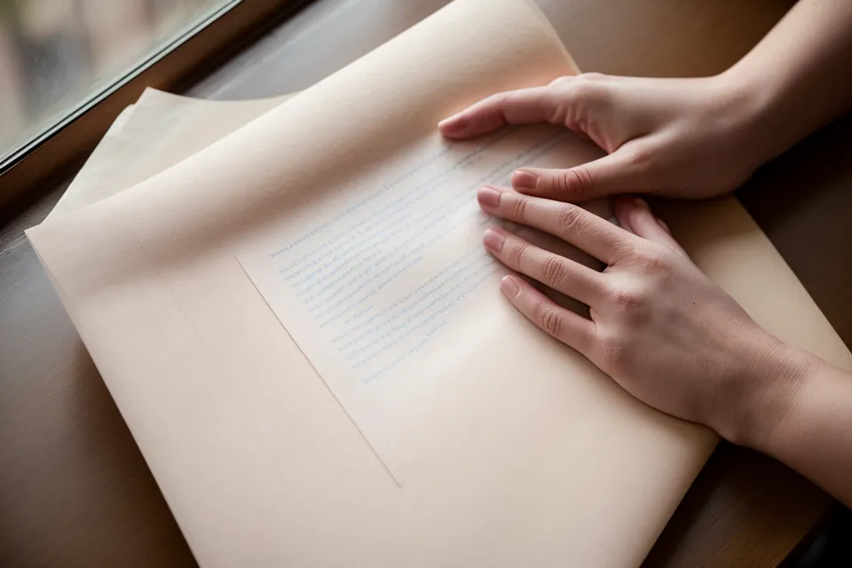 Main posée sur un document papier soulignant une ligne de texte.