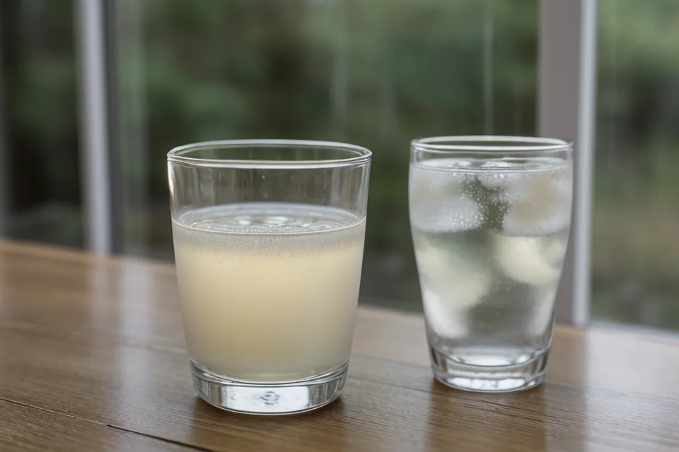 Gros plan d'un verre d'eau sur une table en bois évoquant le stress d'un entretien