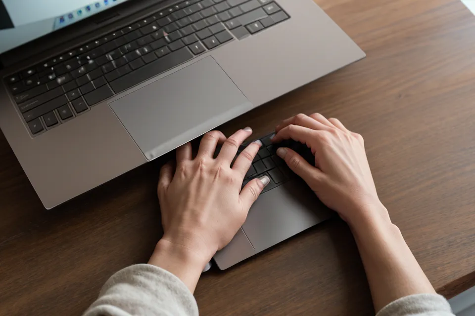 Gros plan de mains au-dessus d'un clavier d'ordinateur portable préparant un email.