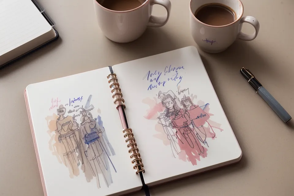 Un carnet de notes manuscrites et un stylo sur un bureau blanc avec une plante.